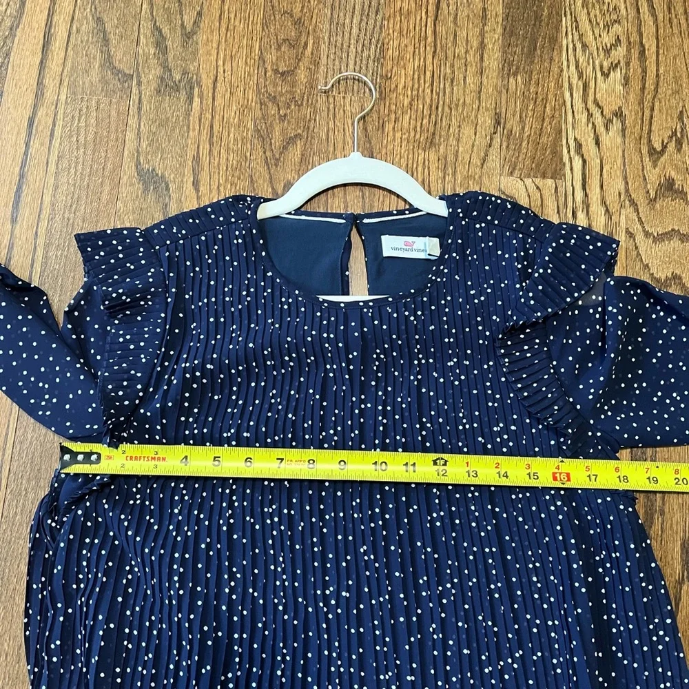 VINEYARD VINES Girls' Polka Dot Pleated Dress Navy Blue Flutter Sleeves …